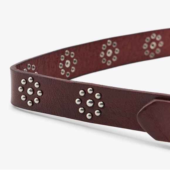 NWOT. Zara Brown Leather Studded Slim Belt. Size 34.